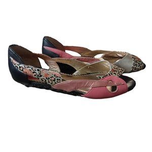 Vintage 80s Poetic License Pink Silver Leather Flats Shoes Peep Toe size 7